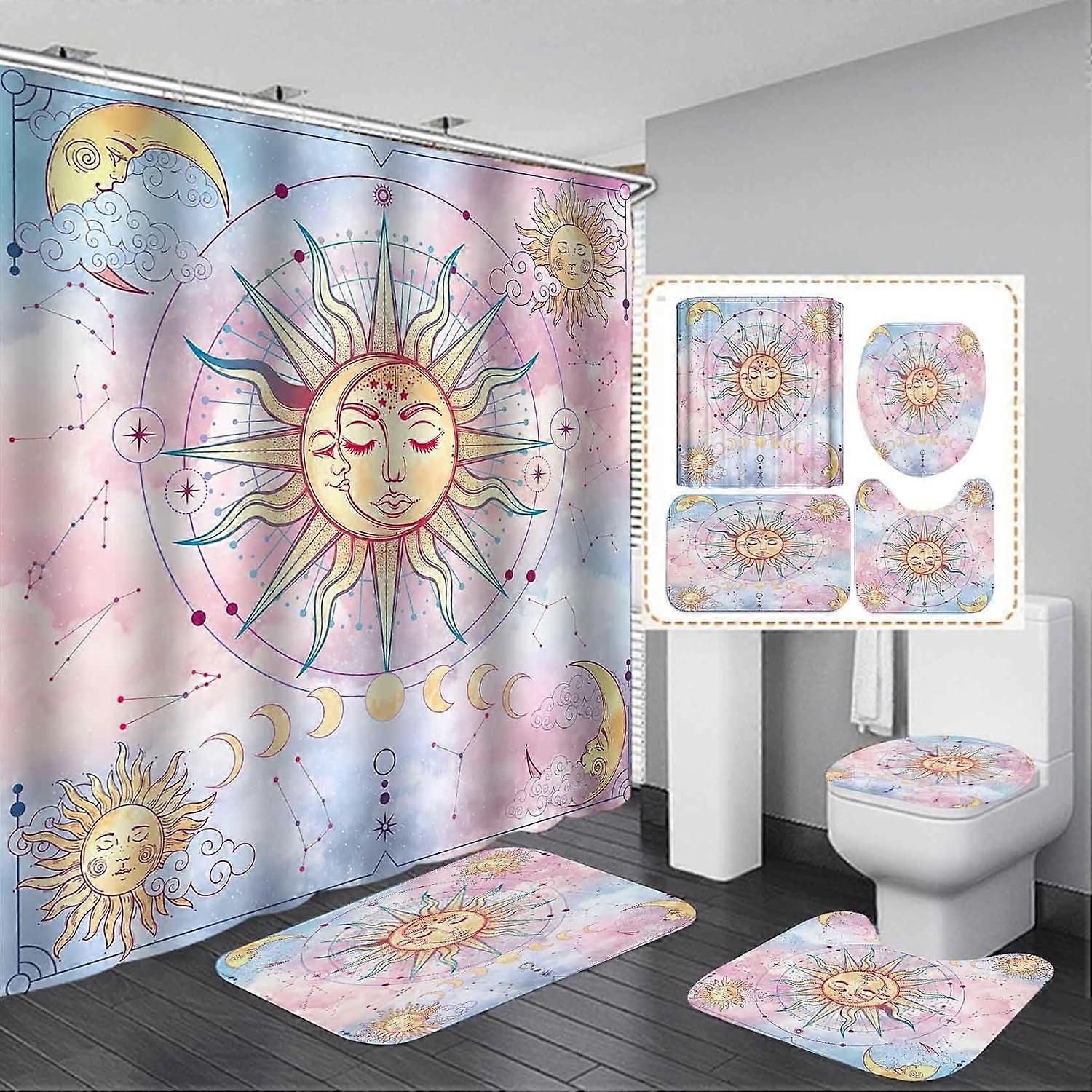 4PCS Pink Butterfly Skull Shower Curtain Set, Moon Phase Gothic Witchy Design, Waterproof Curtain & Non-Slip Bath Mat, compatible with standard tubs