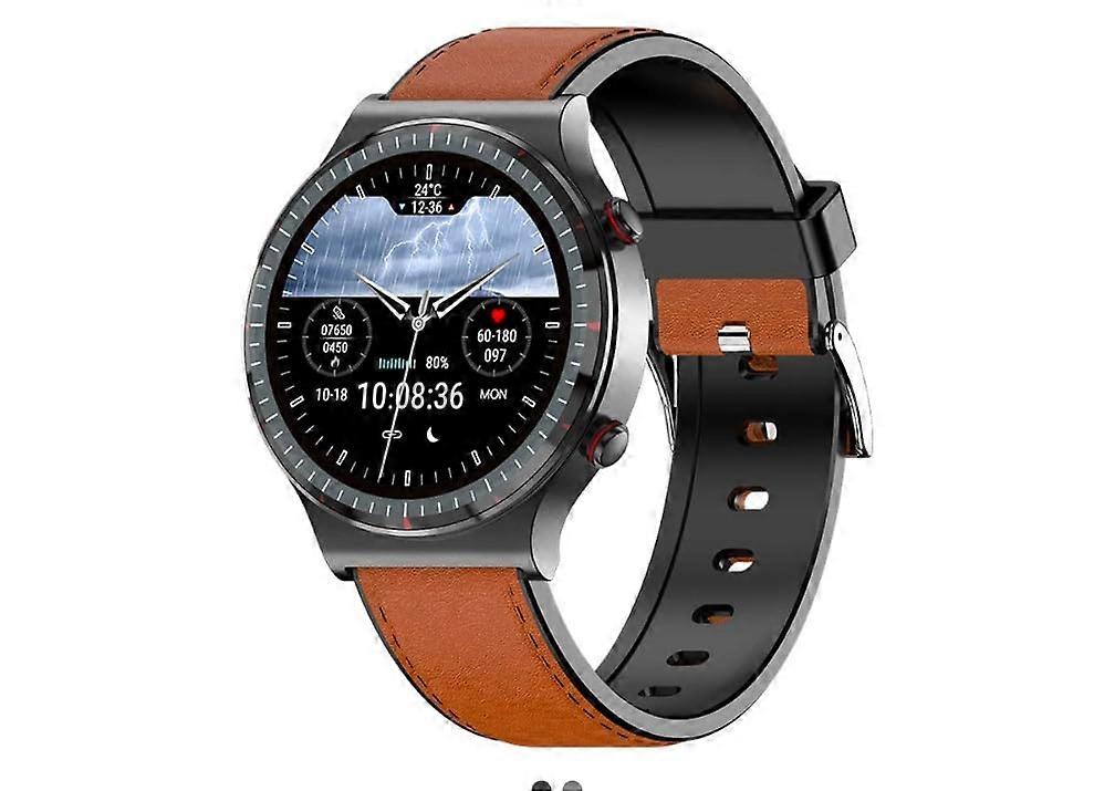 Smart Watch With Heart Rate Monitor Leather Band Weather Display Fitness Tracker Black and Brown
