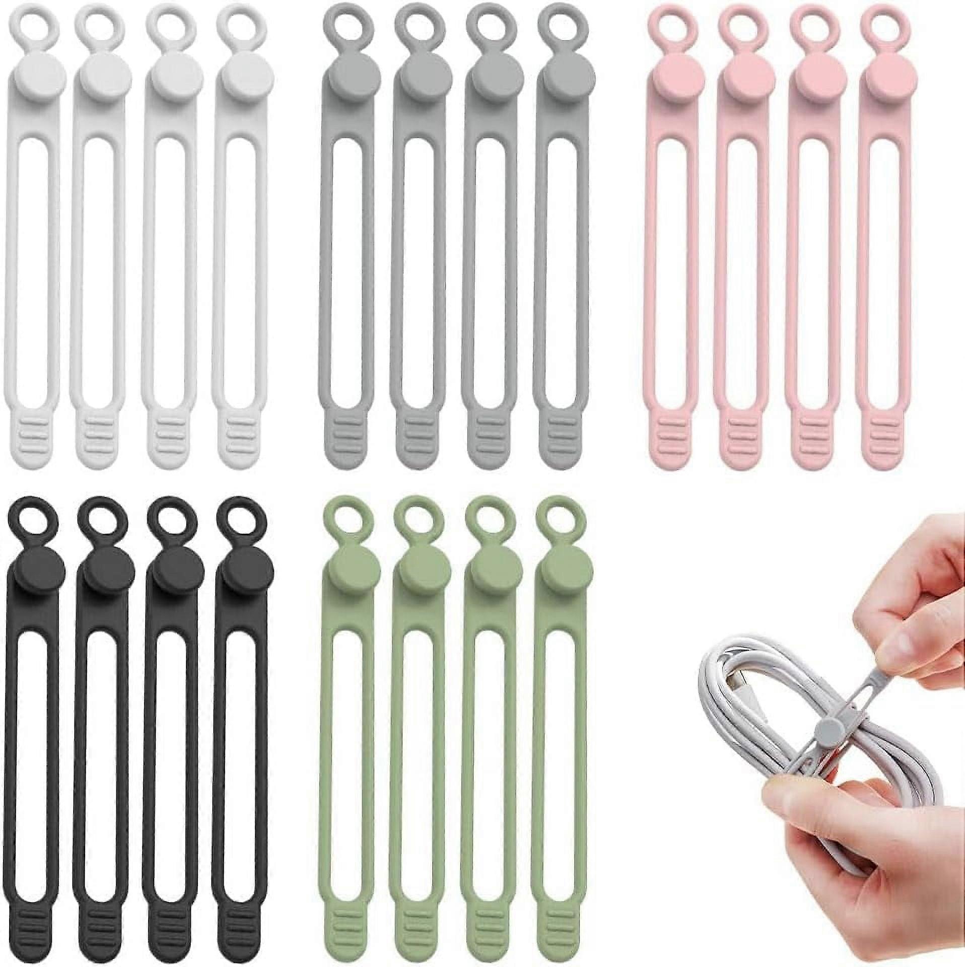 Silicone Cable Ties Reusable, Elastic Cord Organizer for Bundling Wires, compatible with Data Cables (20 Pcs)