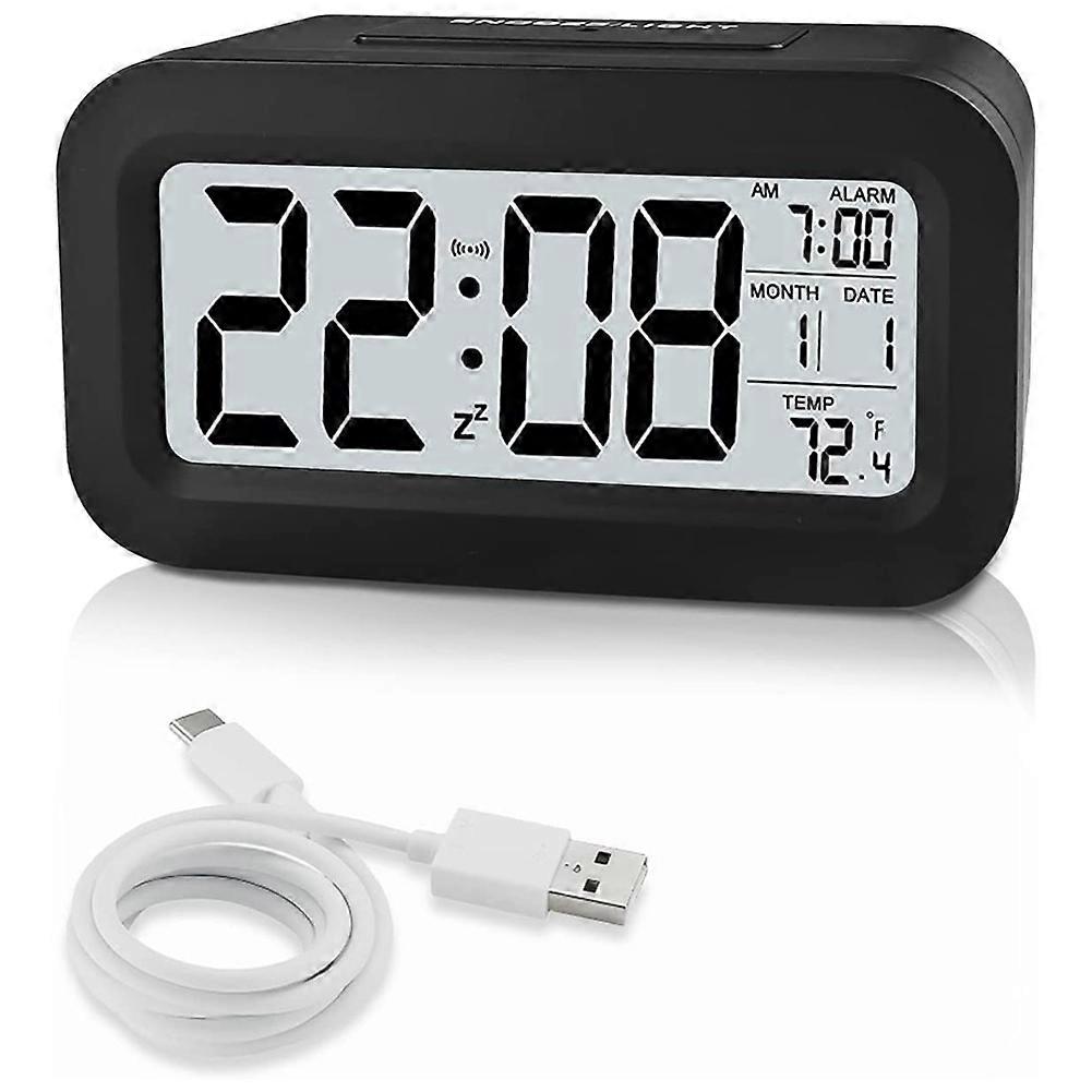 Rechargeable Alarm Clocks, Digital Alarm Clocks Bedside Mains Powered with Smart Light Sensor, 12/24Hours Date Black