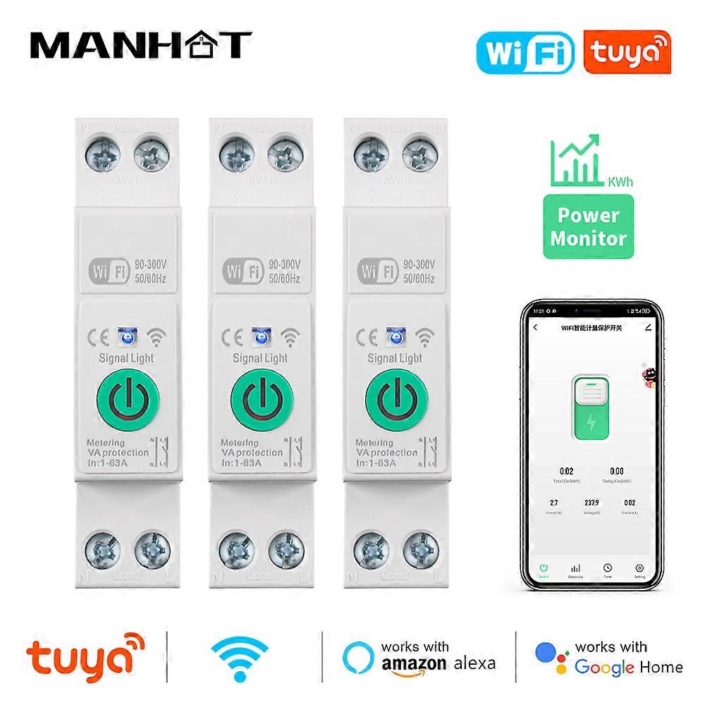1-63A 1P+N Tuya WiFi Smart Circuit Breaker Switch Kwh Metering Timer Relay MCB Voltage Current Protect Alexa Google Home Alice