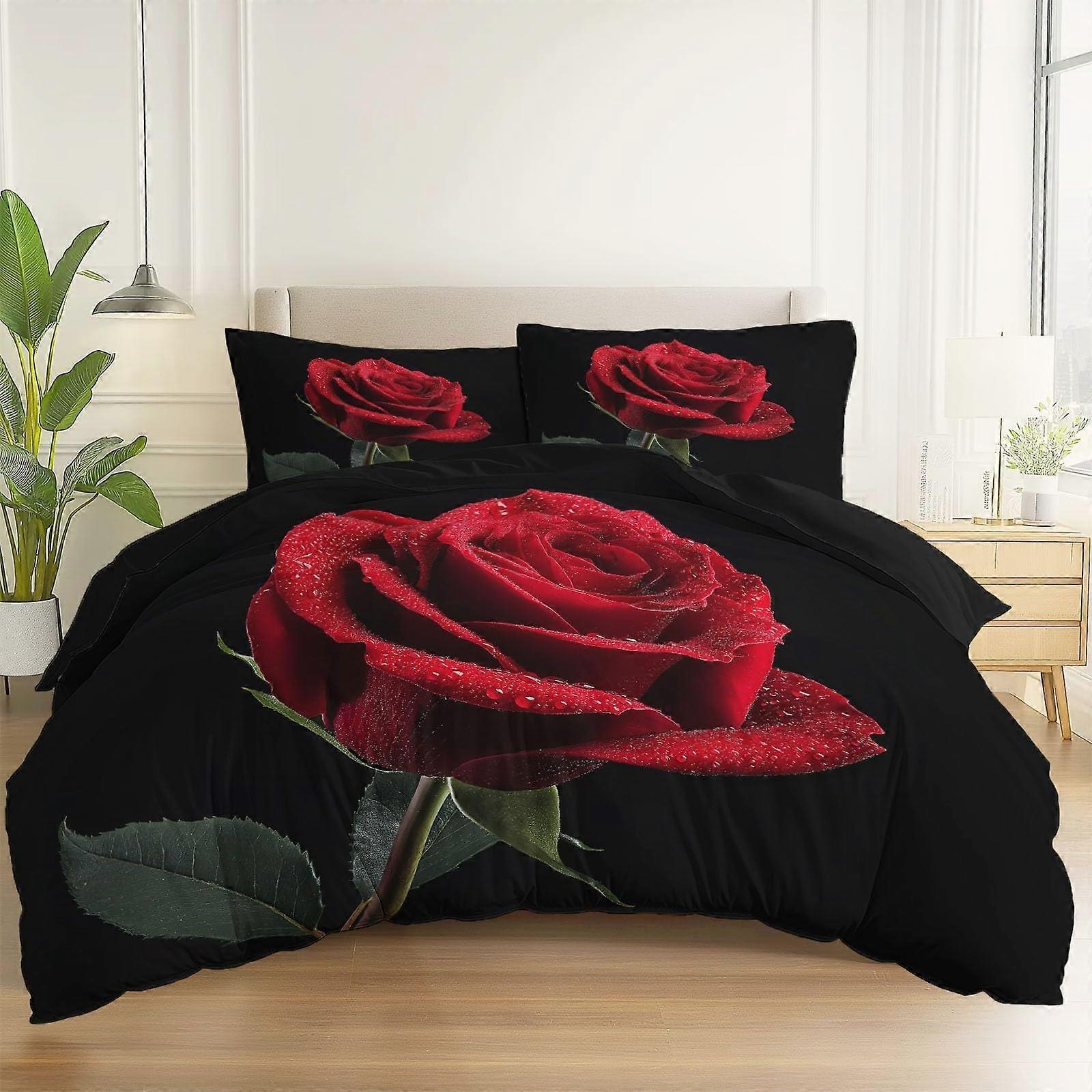 Queen Size Duvet Cover Set with Pillowcases, Red Rose Reversible Bedding, Breathable Hidden Zipper