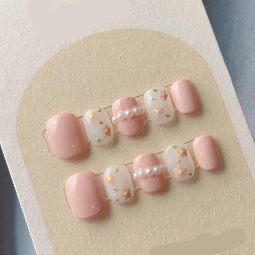 Brown Checkerboard Press On Nails with Cute Teddy Bear Design, Reusable Handmade False Nails S