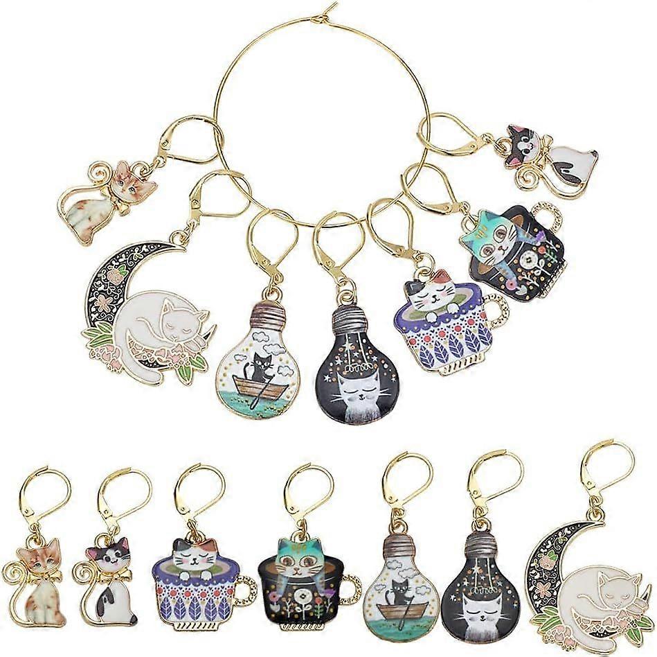 14Pcs 7 Styles Cute Cat Stitch Markers Alloy Enamel Removable Crochet Stitch Marker Charms with Lobster Claw Clasps for Crocheting Knitting Quilting J