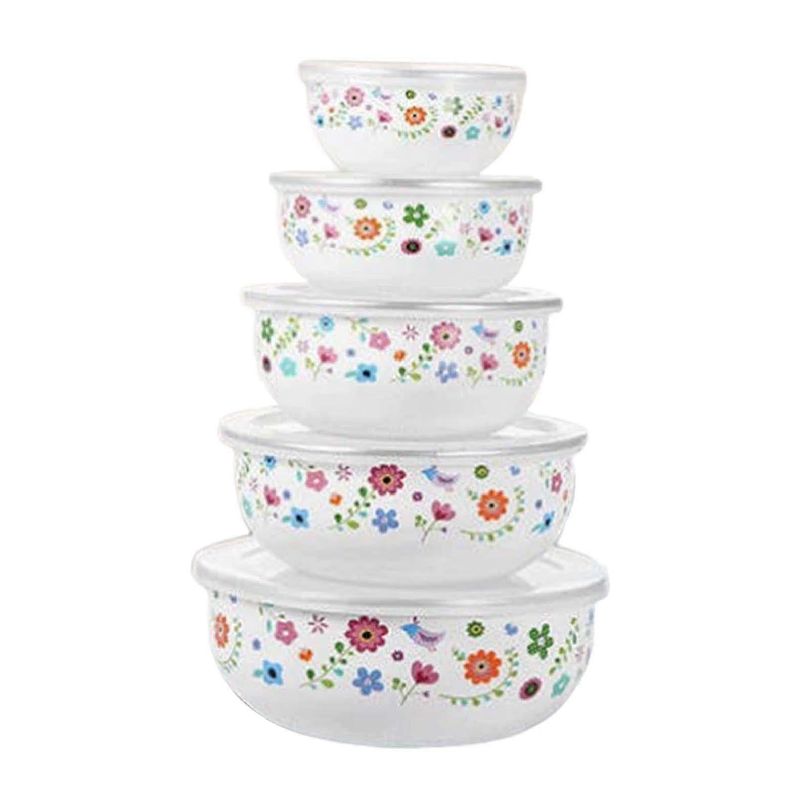 5 Piece Enamel Mixing Bowl Set with Airtight Lids for Baking and Kitchen Use, Floral
