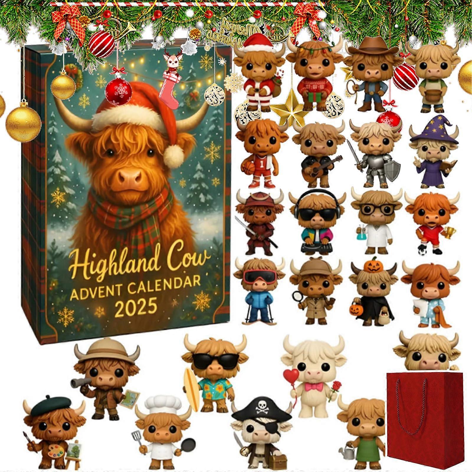 Highland Cow Advent Calendar 2025 with 24Day Countdown and 3D Figurines for Christmas Decor