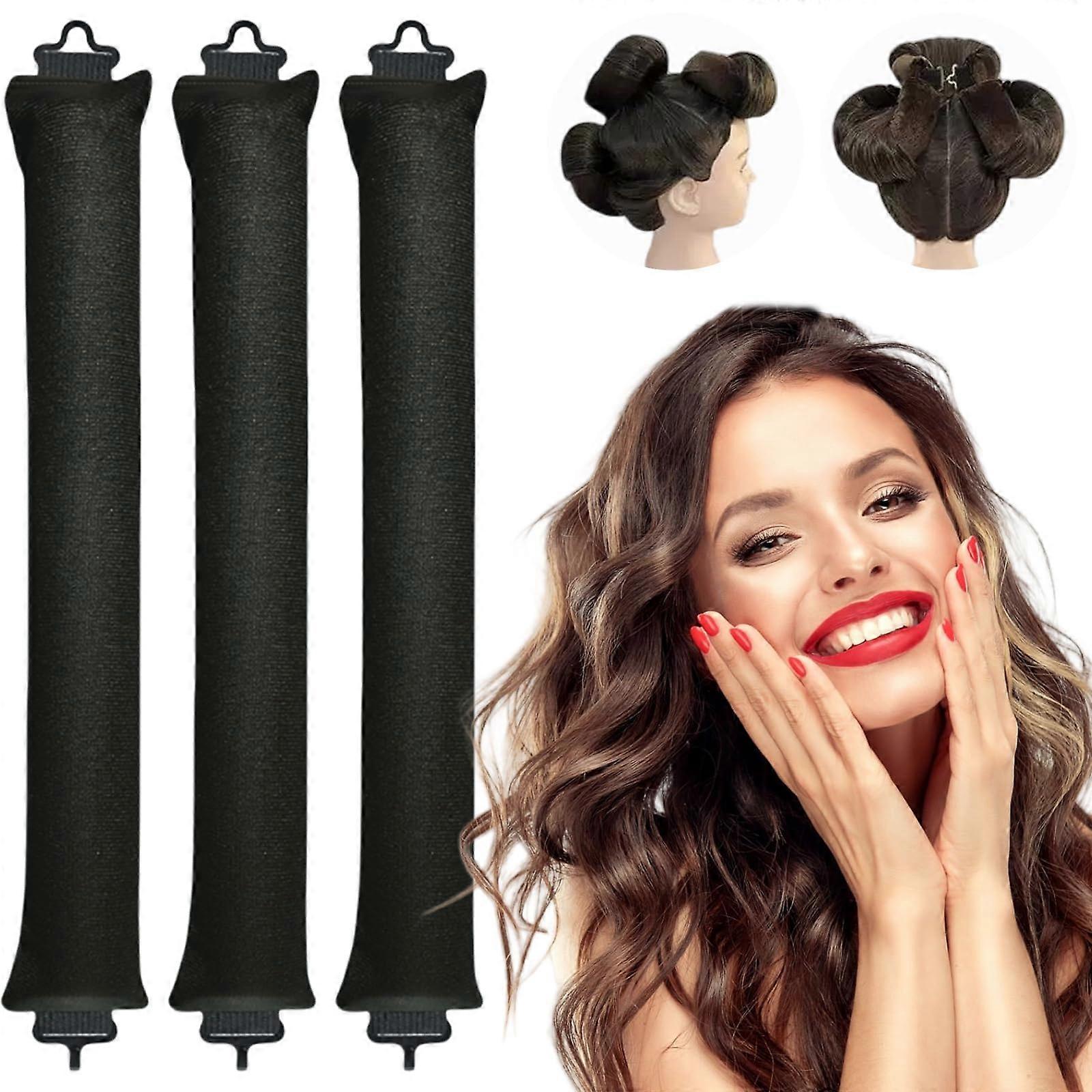 Heatless Curlers for Long Hair with Hooks, Soft Flannel Coating, Overnight Heat Styling, Black