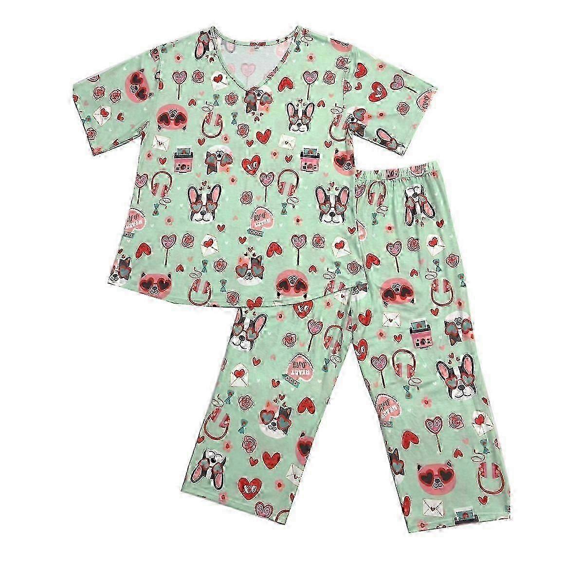 Women's pajamas sets short-sleeved V-neck butterfly printed elastic waist nine-point pants 2-piece set 26s