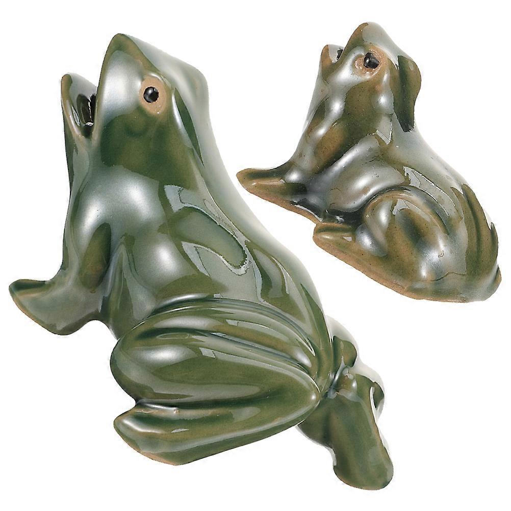 Ceramic Waterfall Frog Statue for Courtyard Decor 2Pcs Green Set