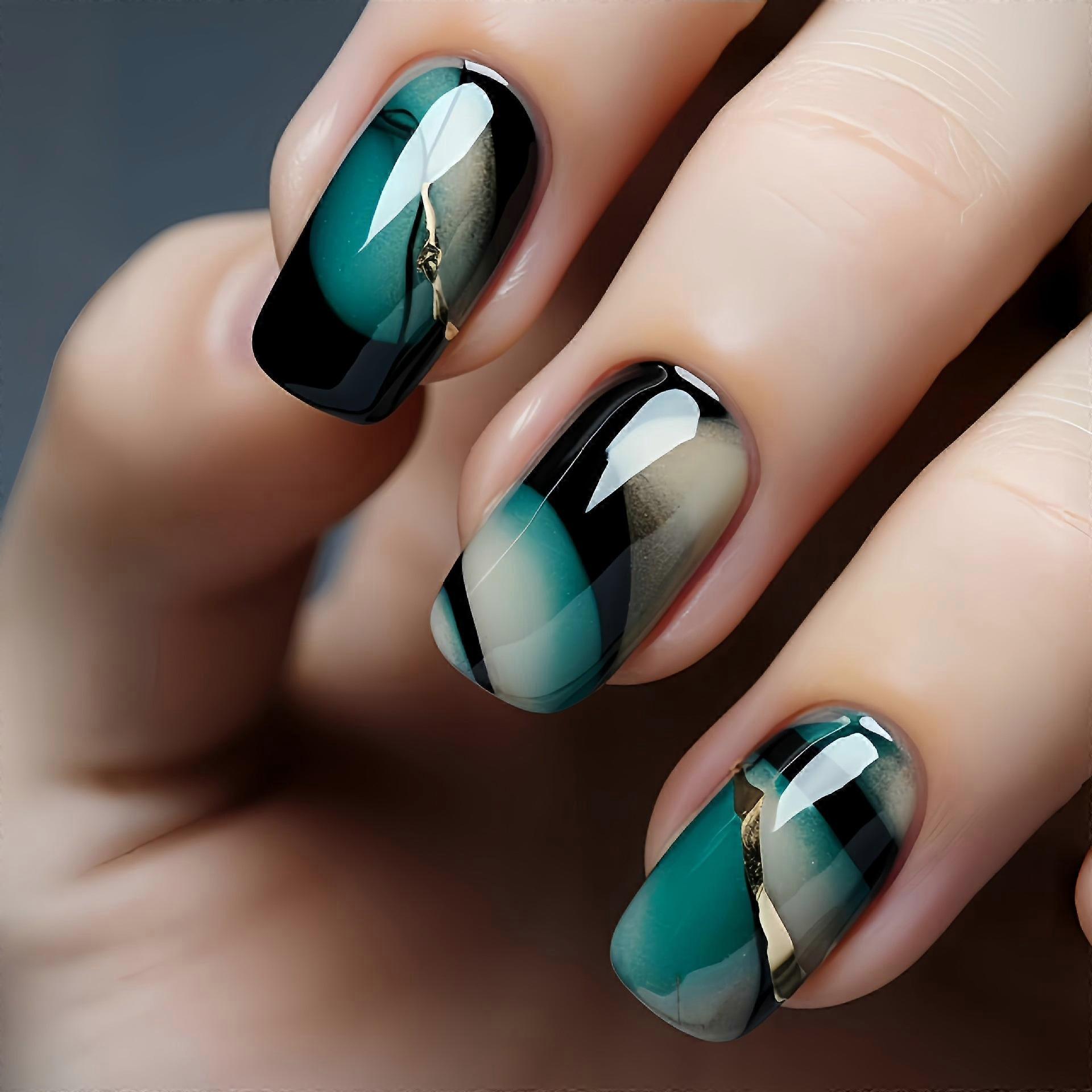 2026 New style 24Pcs Solid Black Short False Nails with Rose Pattern Design Ballerina Square Artific