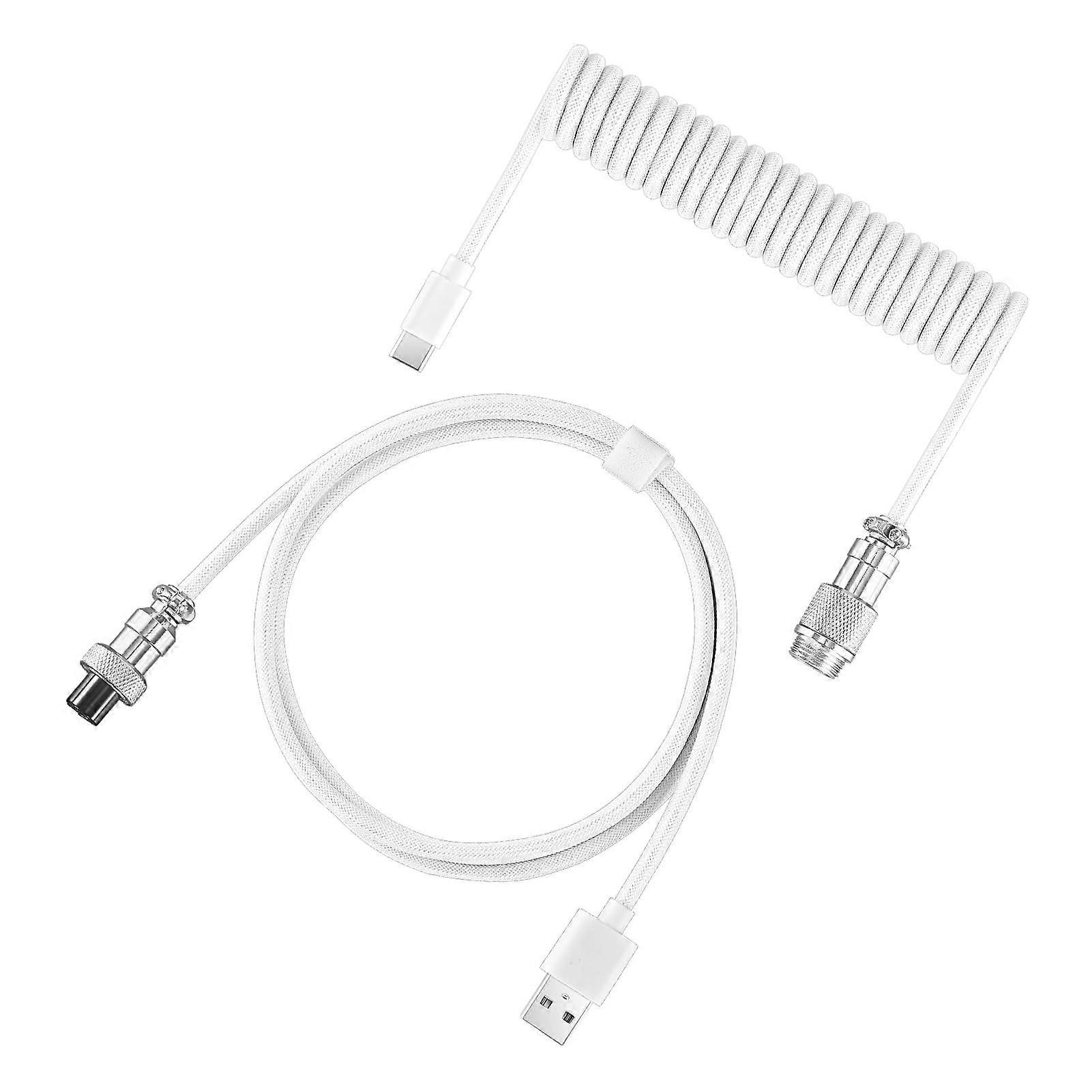White Aviation Plug Coiled Mechanical Keyboard Cable with Lossless Signal and Durable Design