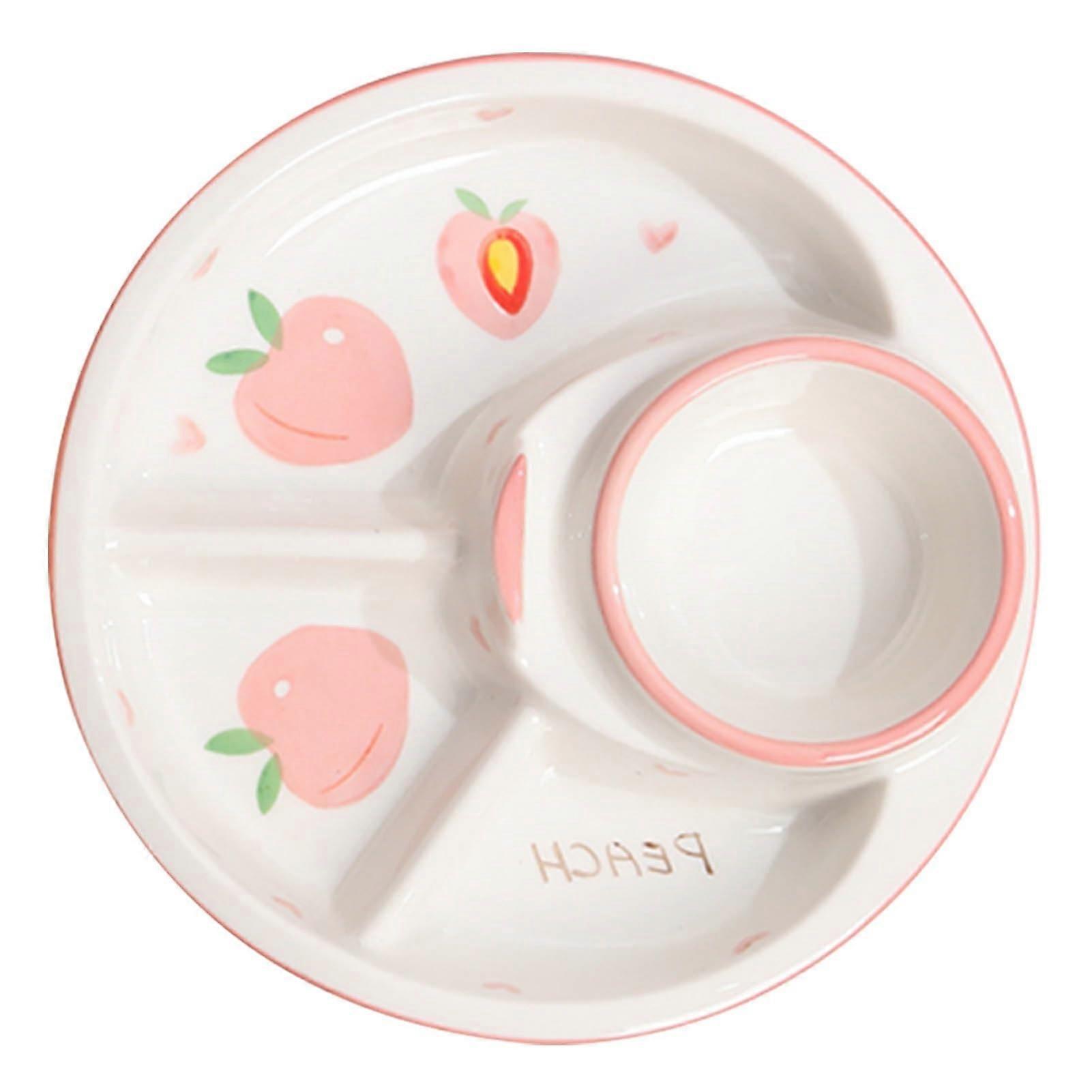 Portion Control Plate with Four Compartments, 8 Inch Pink Ceramic Divided Dinner Tray, Microwave Safe