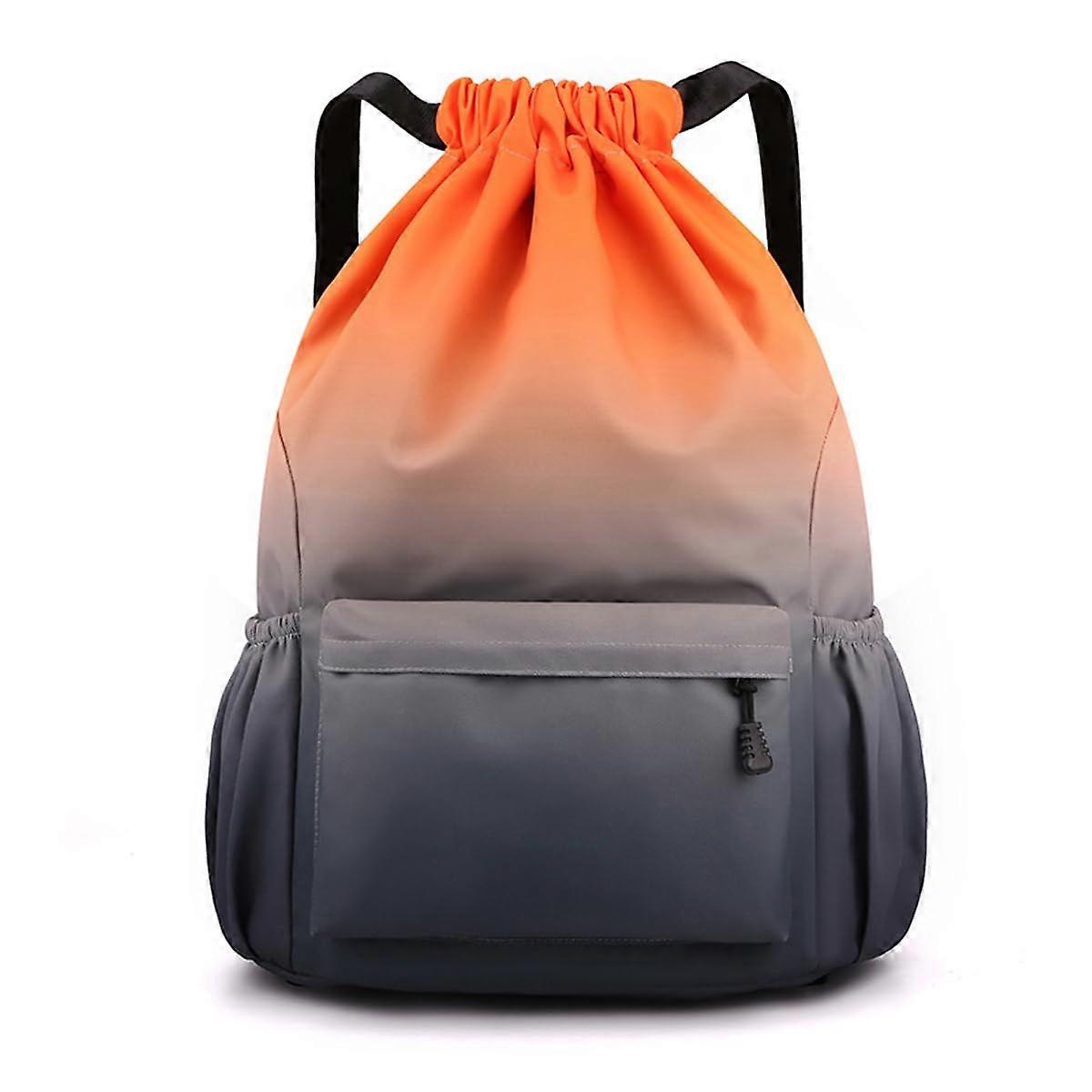 Drawstring Backpack Waterproof Oxford with AntiTheft Zipper Pocket Large Capacity Orange Grey Gradient