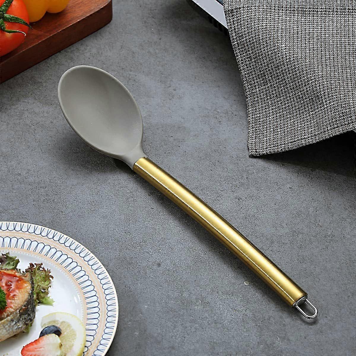 Nonstick Silicone Solid Serving Spoon, Titanium Gold Plating handle, Basting