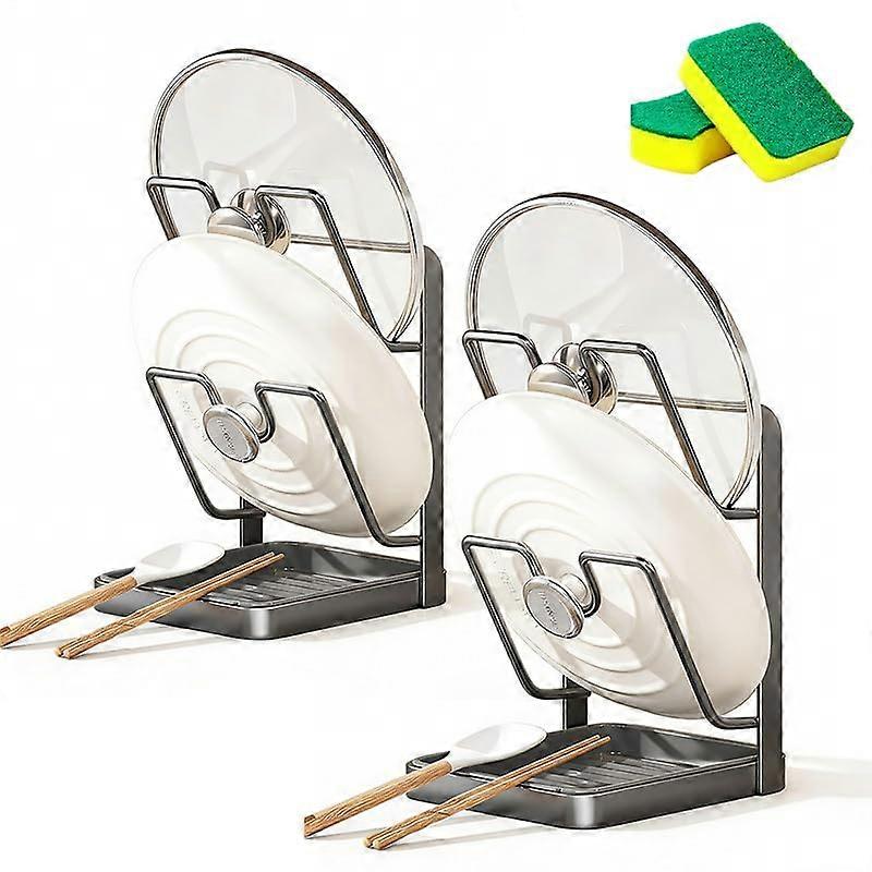 Double Layer Pot Lid Holder with Drip Tray, SpaceSaving Kitchen Lid Organizer Rack Gray 2Pack