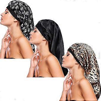 3 Pack Long Satin Bonnet Sleep Cap, Soft Elastic Band Loose Cap Bonnets For Long Hair, Braids