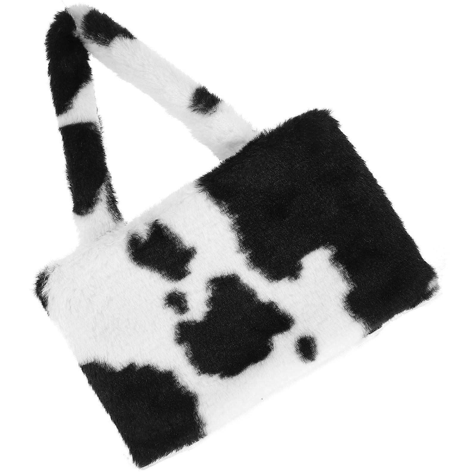Plush Cow Pattern Shoulder Bag for Storage Use 1Pcs Portable Handbag