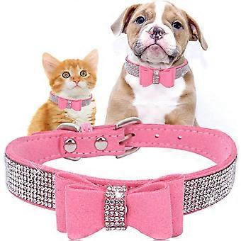UBIUO Rhinestone Dog Cat Collars with Bow Pink Soft Suede Bling Diamond Puppy Kitty Collar Christmas Dog Decorative Necklace,S 10.2"-12.6" suede diamo