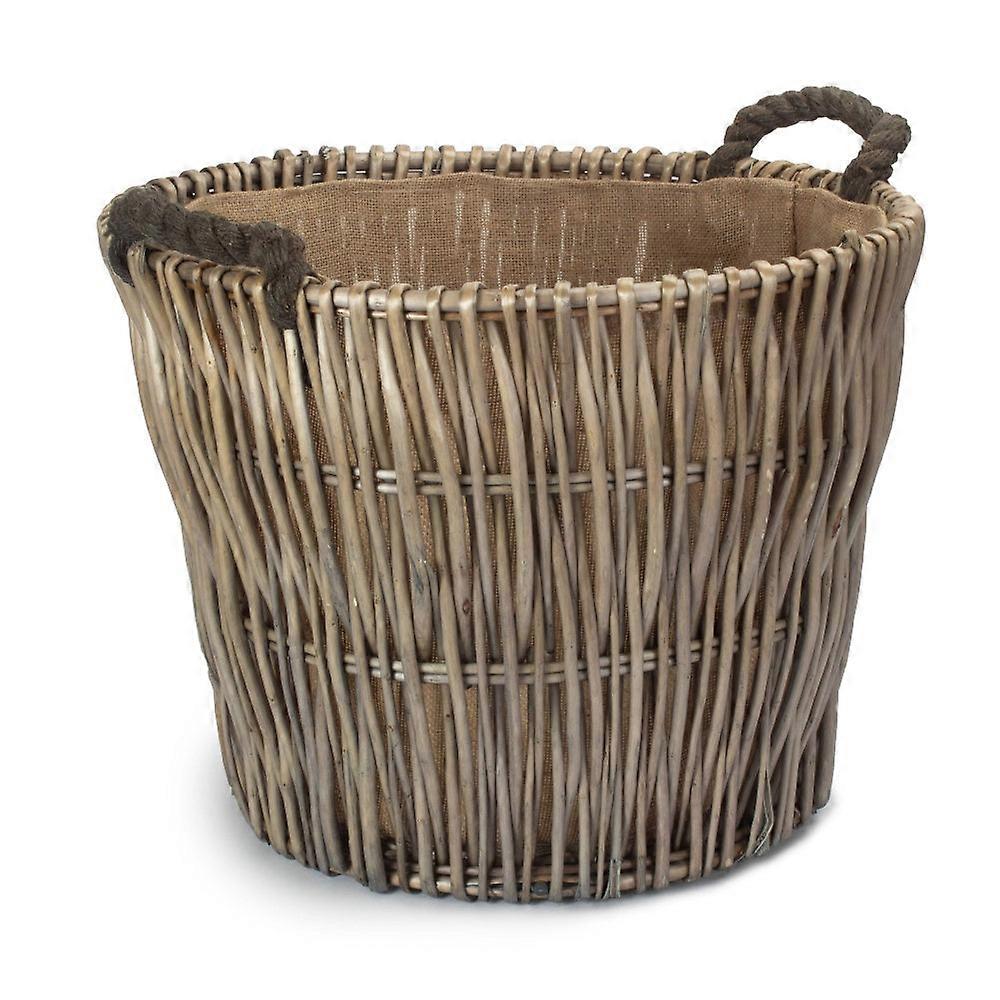 Round Grey Hessian Lined Wicker Log Basket