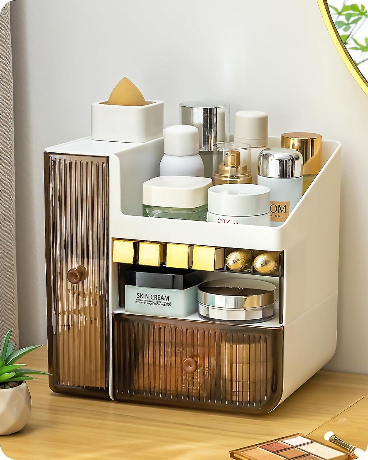 Cosmetic Organizer, Large Capacity Cosmetic Organizer With Dustproof Drawer, Transparent Plastic Display Case For Bathroom (white And Brown)
