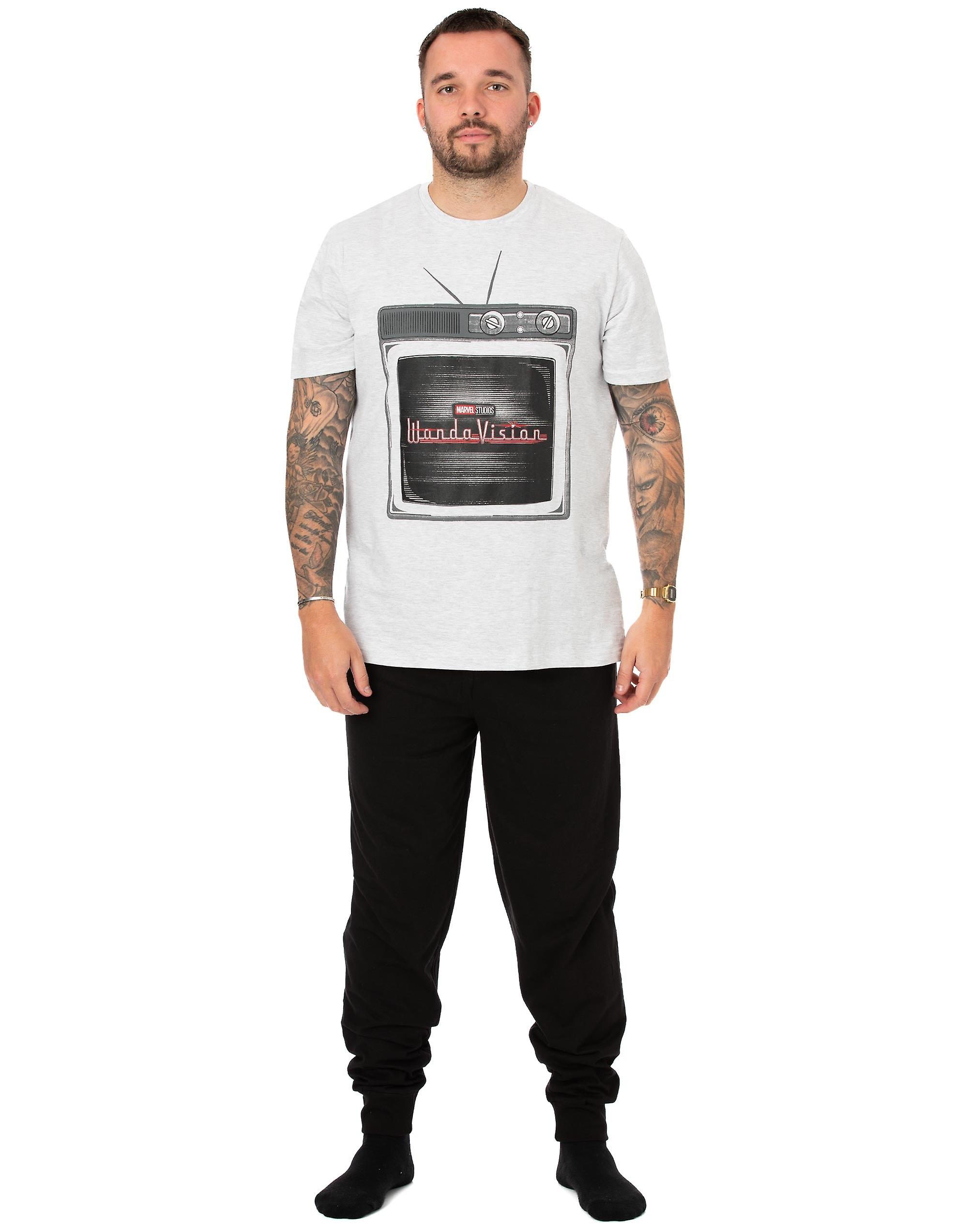 Marvel Mens Short Sleeve Long Leg Pyjama Set White Wandavision Logo
