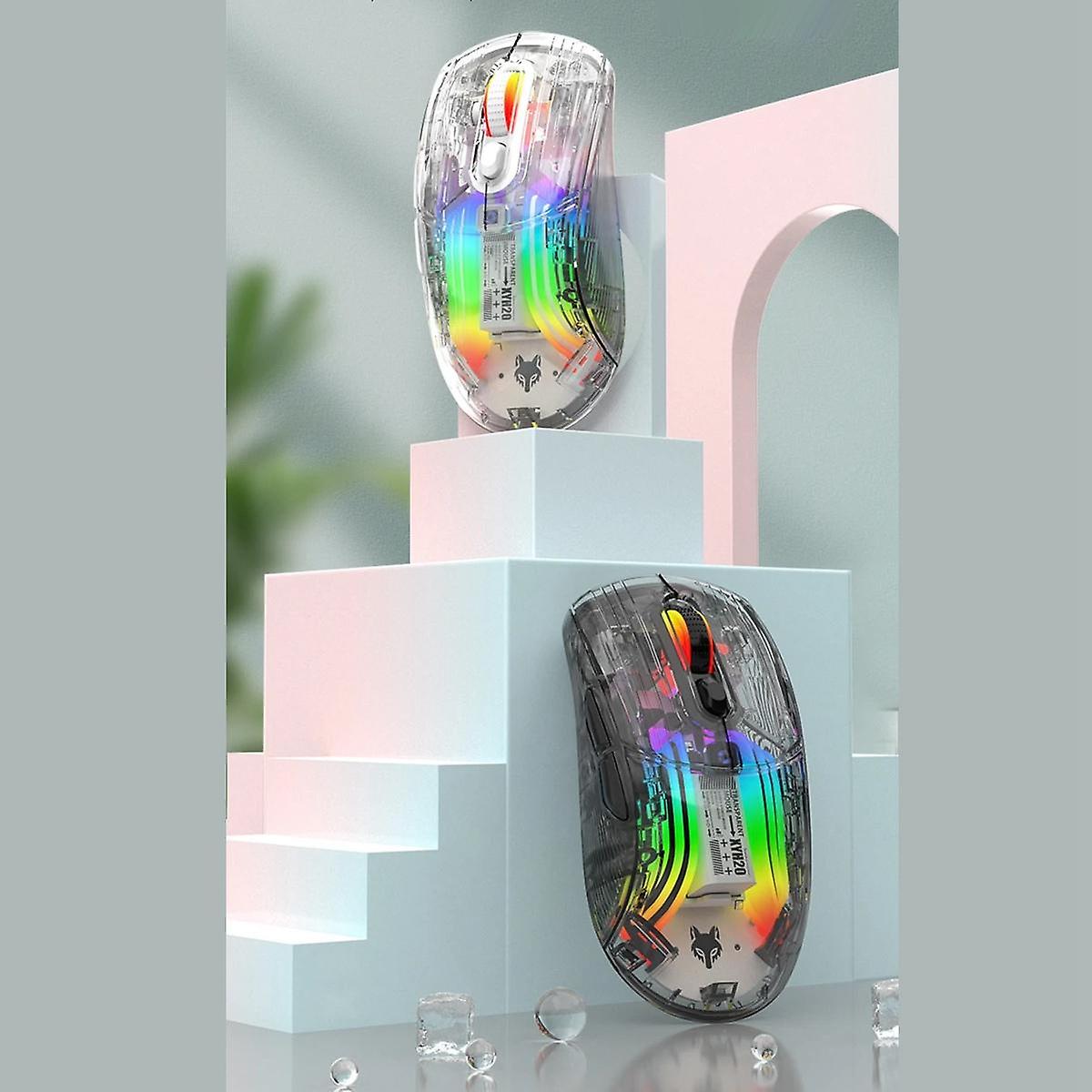 XYH20 Wireless Bluetooth Mouse 3-Mode Transparent Mouse Wired+2.4G+BT for PC/Laptop/Tablet RGB-Whi