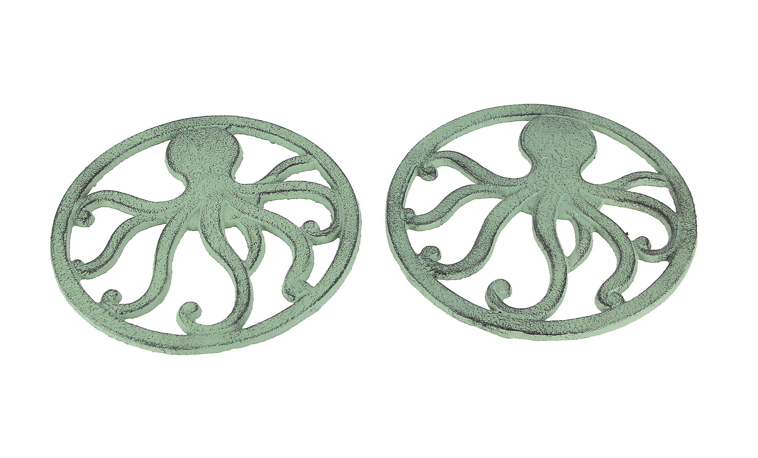 Distressed Coastal Cast Iron Octopus Sea Foam Green Trivet Set of 2