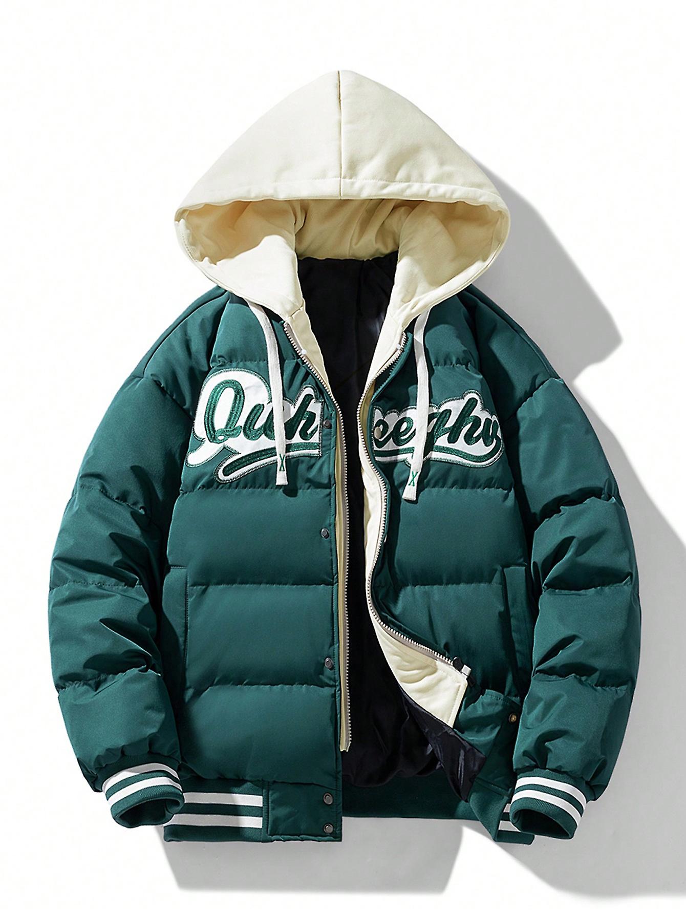 Men Letter Graphic Striped Trim Drawstring Hooded Puffer Coat