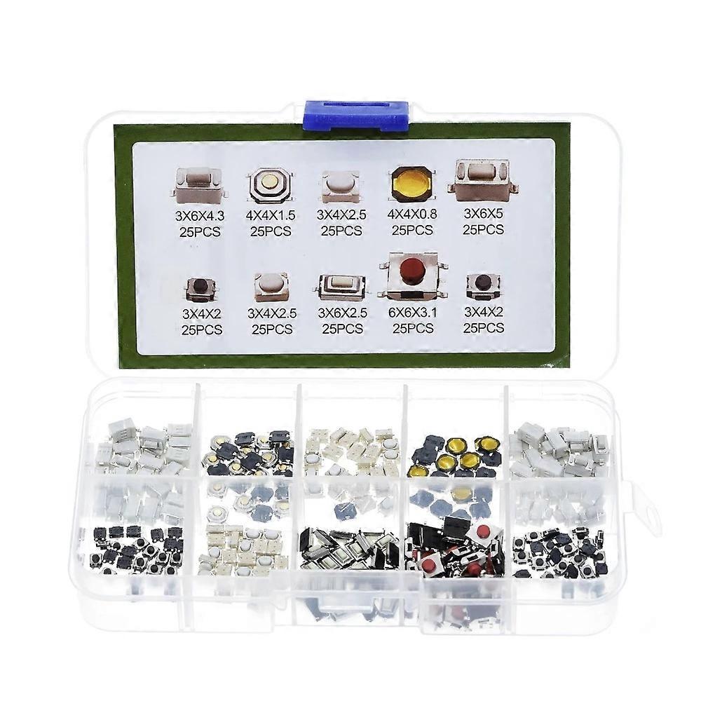 250PCS 10Value Touch Push Button Microphone Kit Momentary Tact Assortment + Plastic Box