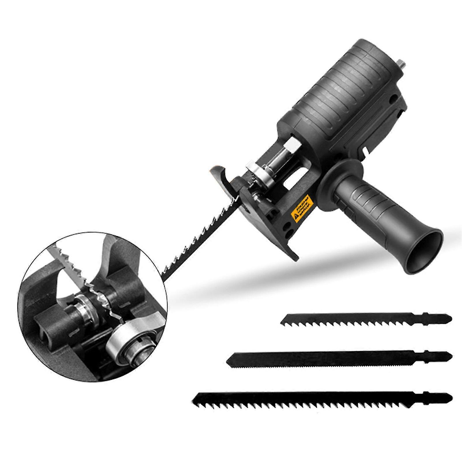 Portable Reciprocating Saw Adapter Electric Drill Modified Tool Attachment with 3 Ergonomic Saw Blades for Wood Metal Cutting Chisel