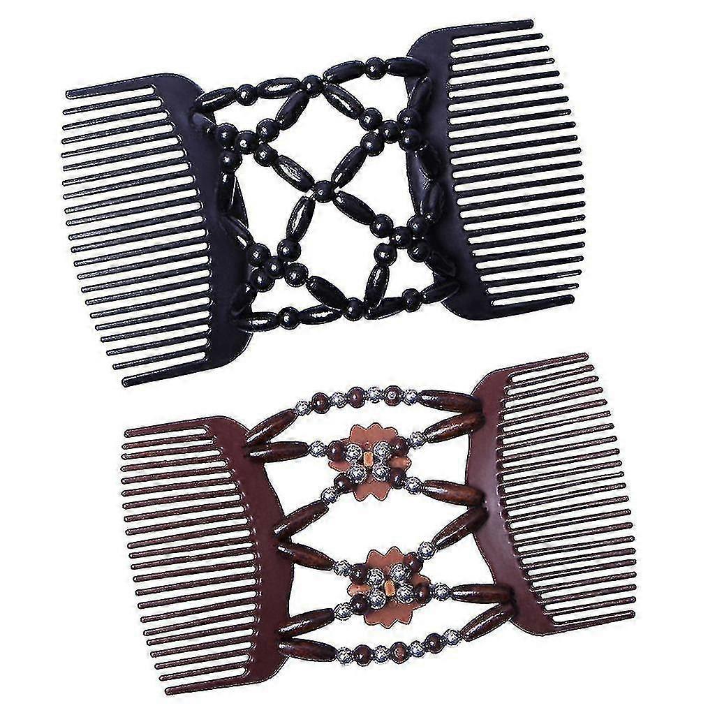 2x Femmes Cheveux Slide Stretch Double Cheveux Peigne Clip Bois Perles Bun Maker