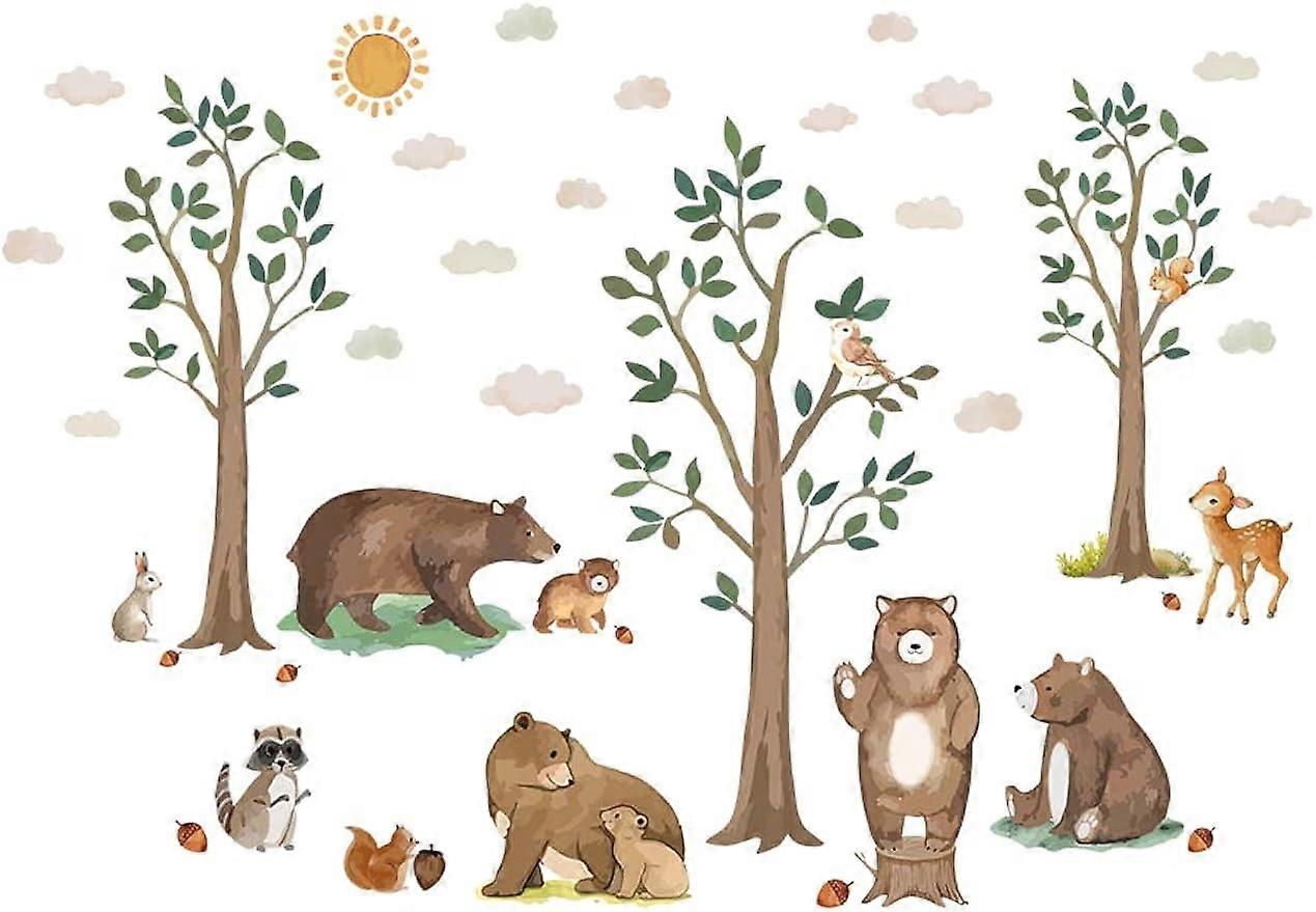 Forest Bear and Bear Cubs Wall Decor Sun Trees Clouds Removable Wall Stickers