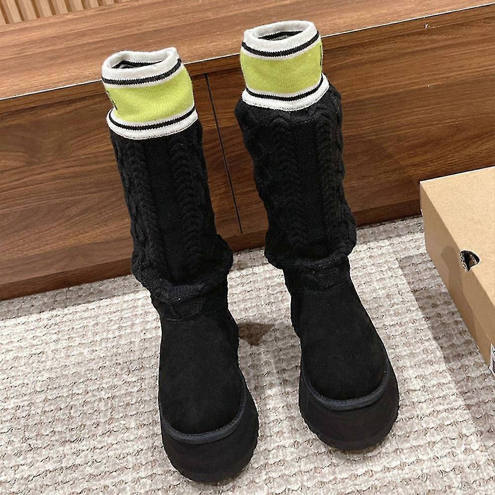 Sockenstiefel mit dicker Sohle, gestrickte Wolle über Knie hohe Bleistiftstiefel40schwarz