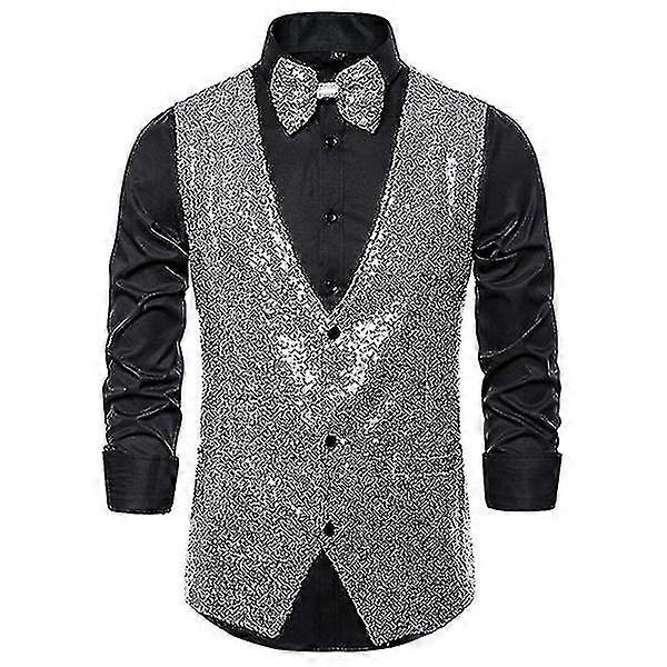 Paillettenweste für Herren Glänzender Anzug Weste Partykleid mit V-Ausschnitt -JA - MXBC