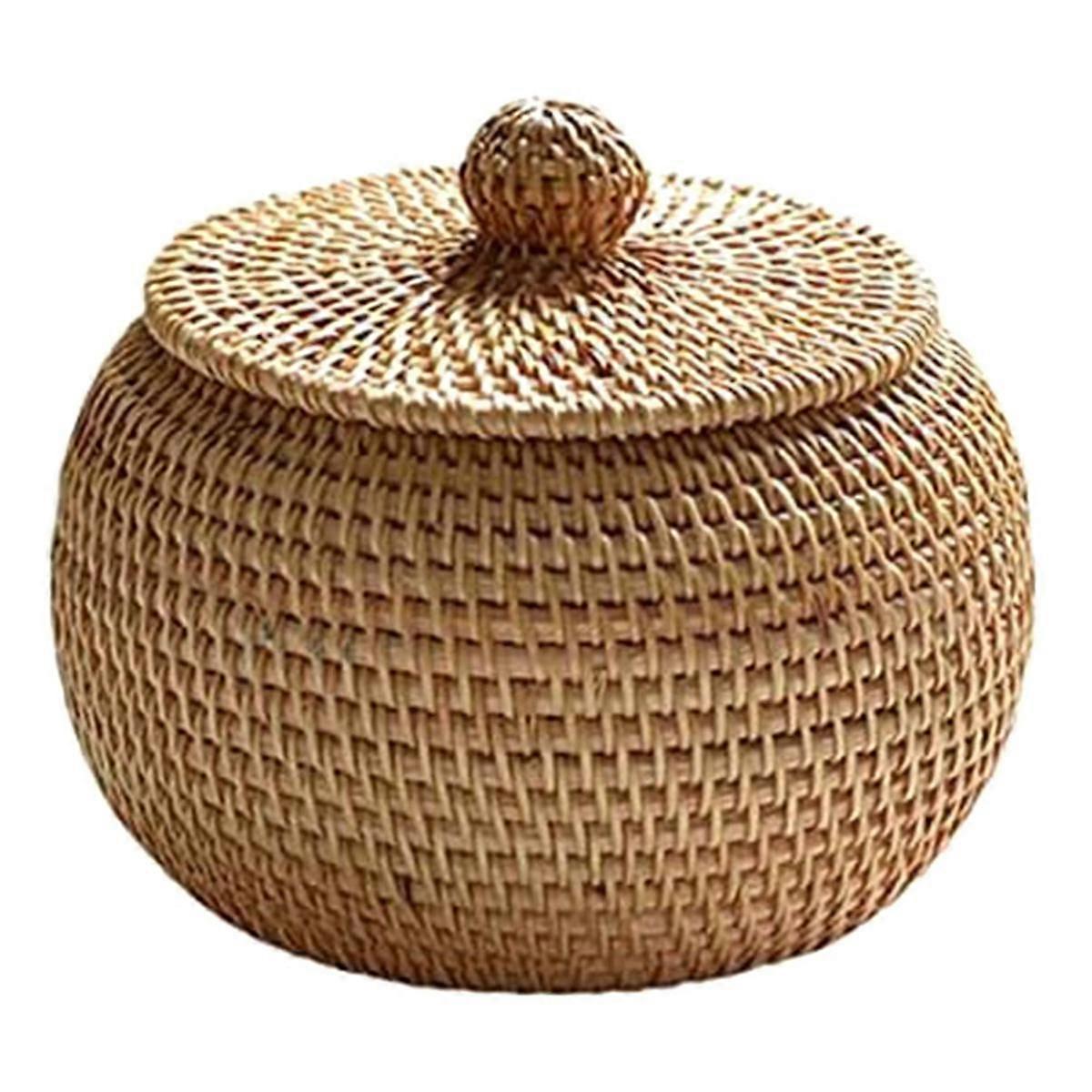 Round Rattan Box with Lid, Hand Woven Storage Box, Multifunctional Desktop Tray Storage Basket Deco