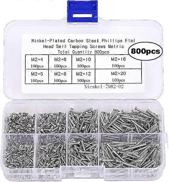 800-Piece Small M2 Self-Tapping Screws Assortment Kit, Countersunk Phillips Flat Head