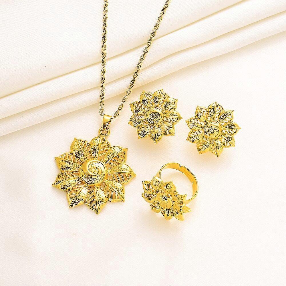 ジュエリーセットアフリカゴールドメッキ女性ドバイブライダルパーティーウェディングギフトラウンドネックレスイヤリングリングセットジュエリー