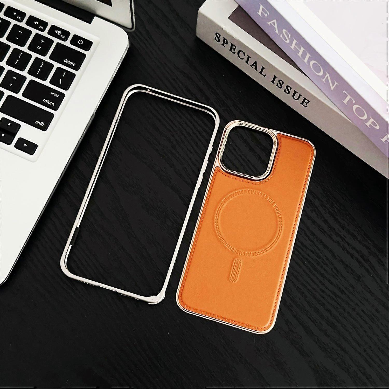Luxury Leather Metal Frame Magnetic Phone Case For iPhone 15 Pro