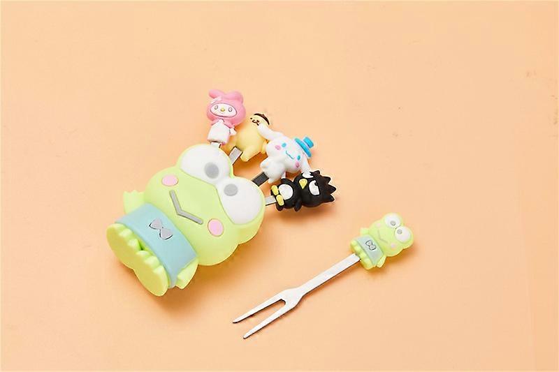 Fruit and Salad Forks with Stainless Steel Holder for Kids - Repeated Use - 5 Cute Fruit Forks and 1 Big-Eyed Frog Silicone Holder