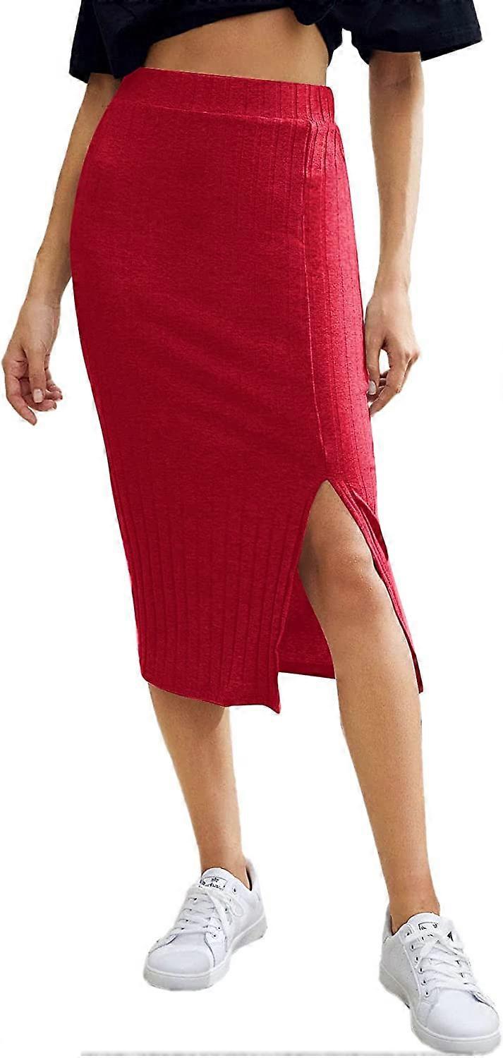 Dames Basic Effen Geribbelde Gebreide Split Stretchy Pencil Bodycon Midi Rok S-2XL