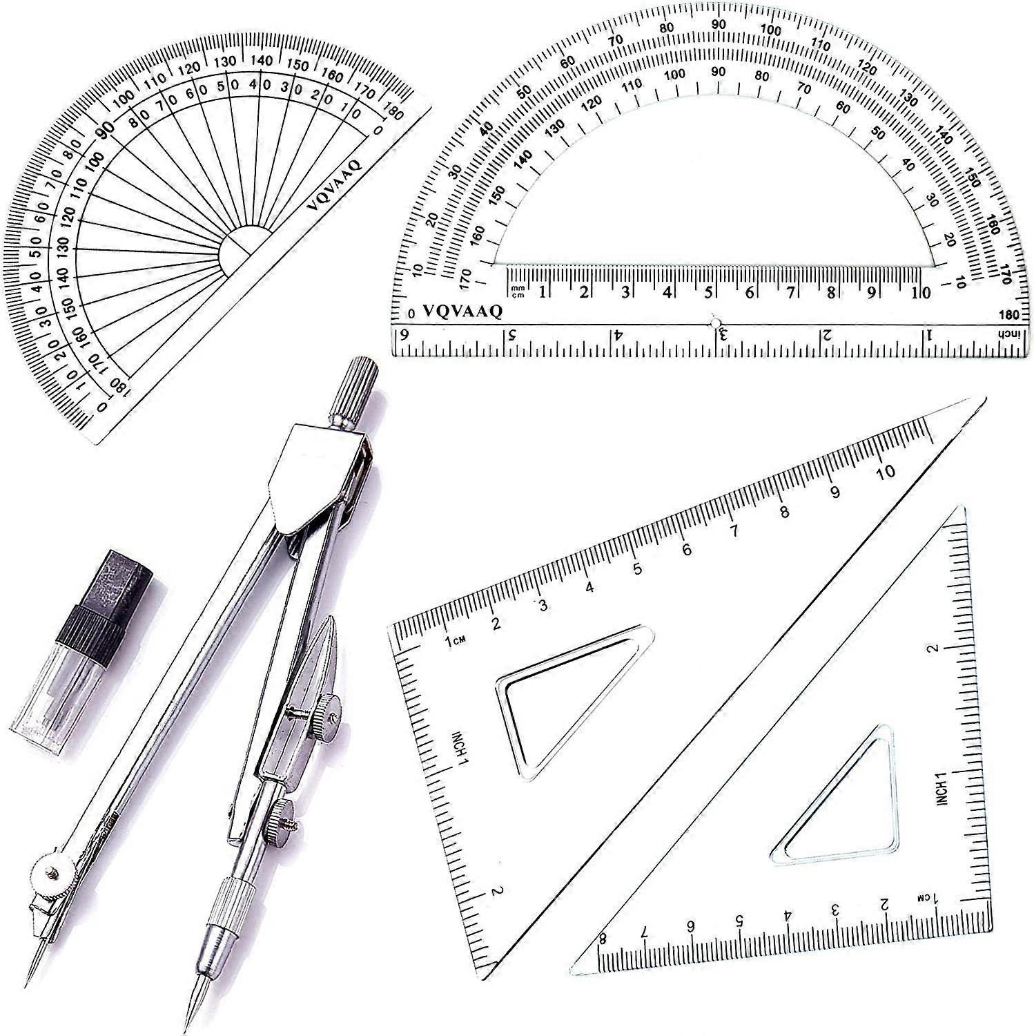 Geometry School Set,with Quality Compass, Drawing Compass,Protractor, Set Squares,Triangle Rulers (5 PCS-Silver)