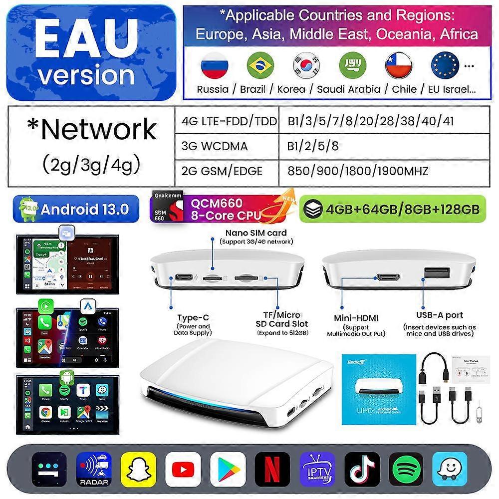 Carlinkit、UHD、TVボックス、Android 13.0、Qualcomm、8コア、ワイヤレス、CarPlay、Android、Autoアダプター、サポート、4K、HDビデオ、出力、オンライン、ビデオ