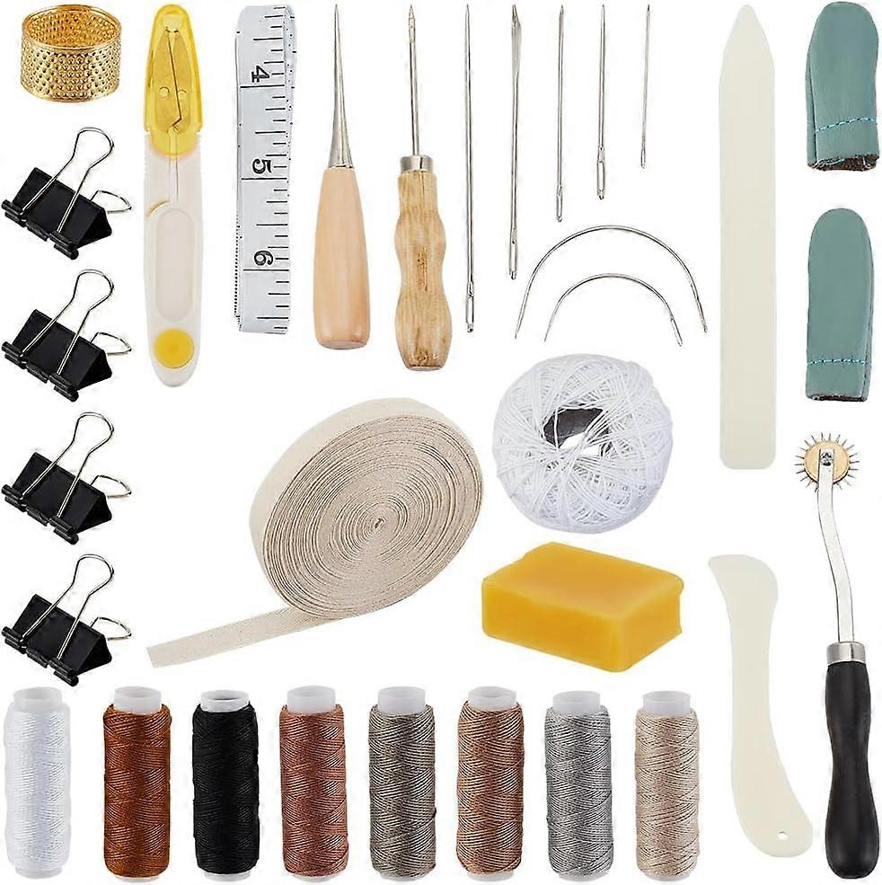 Book Binding Tool Kits Bookbinding Starter Tools Set with Needles Scissor Awl Tracing Wheel Tape Measure Thimble Cotton Threads Ribbon Natural Bee Wax