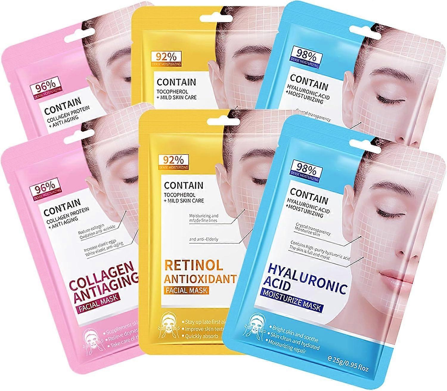 6PCS - Collagen Face Masks Skincare Set - Retinol Sheet Masks Multipack - Hydrating Face Mask - Hyaluronic Acid Sheet Mask Set - Anti-Wrinkle, Anti-Ag