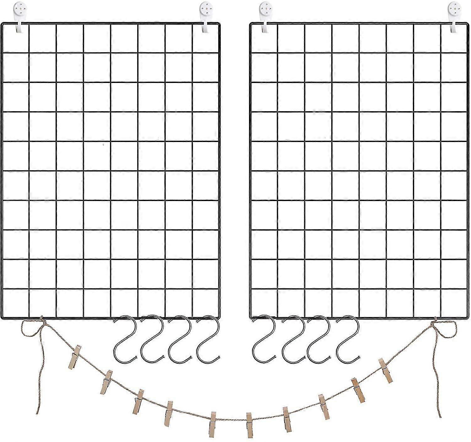 Photo Wall Made Of Wire Mesh, Wall Decor, Wall Grille, Diy, Multifunctional Mesh Wall, With S-hooks, Clips And Hemp Cord, Set Of 2, Bla