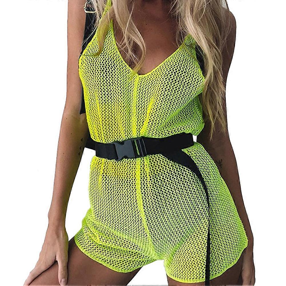 Perspective Mesh Jumpsuit Sleeveless Solid Color V Neck Jumpsuit (Green M)