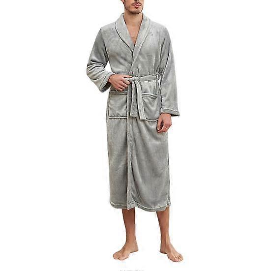 Men Winter Nightgown Thick Flannel Warm Tight Waist with Lace Up Belt Solid Color Lapel Pockets Great Water Absorption Mid Length Spa Hotel Bathrobe