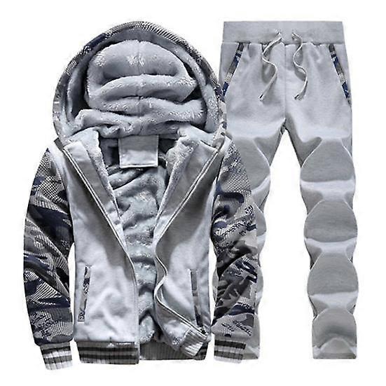 2 Pcs/Set Men Winter Coat Pants Suit Hooded Thick Soft Plush Pockets Long Sleeves Camouflage Print Windproof Warm Elastic Waist Drawstring Men