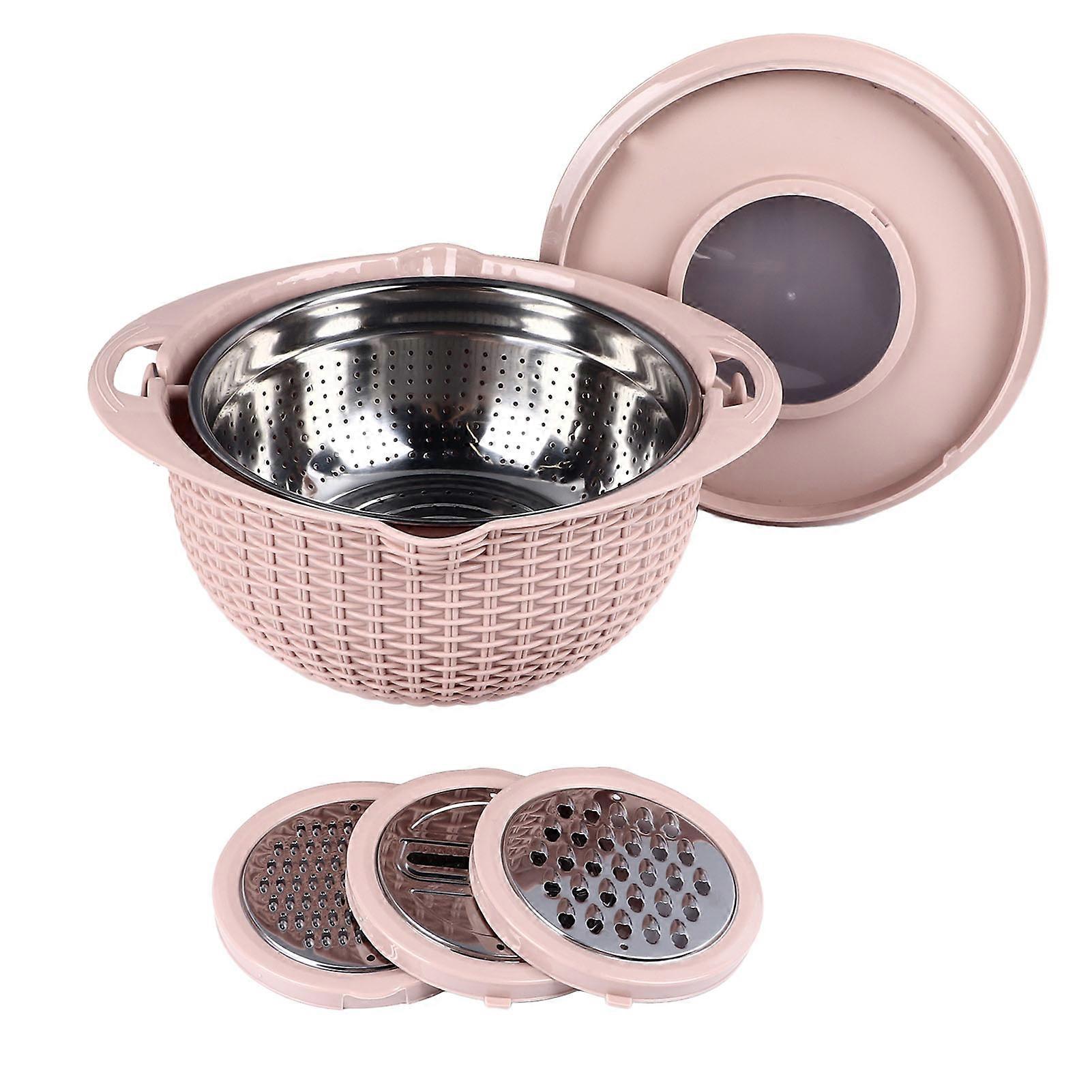 4 in 1 Colander Bowl with Slicing Tools Rotatable Strainer 2 Layer Stainless Steel Ergonomic Handle Versatile Vegetable Washing Bowl Pink 