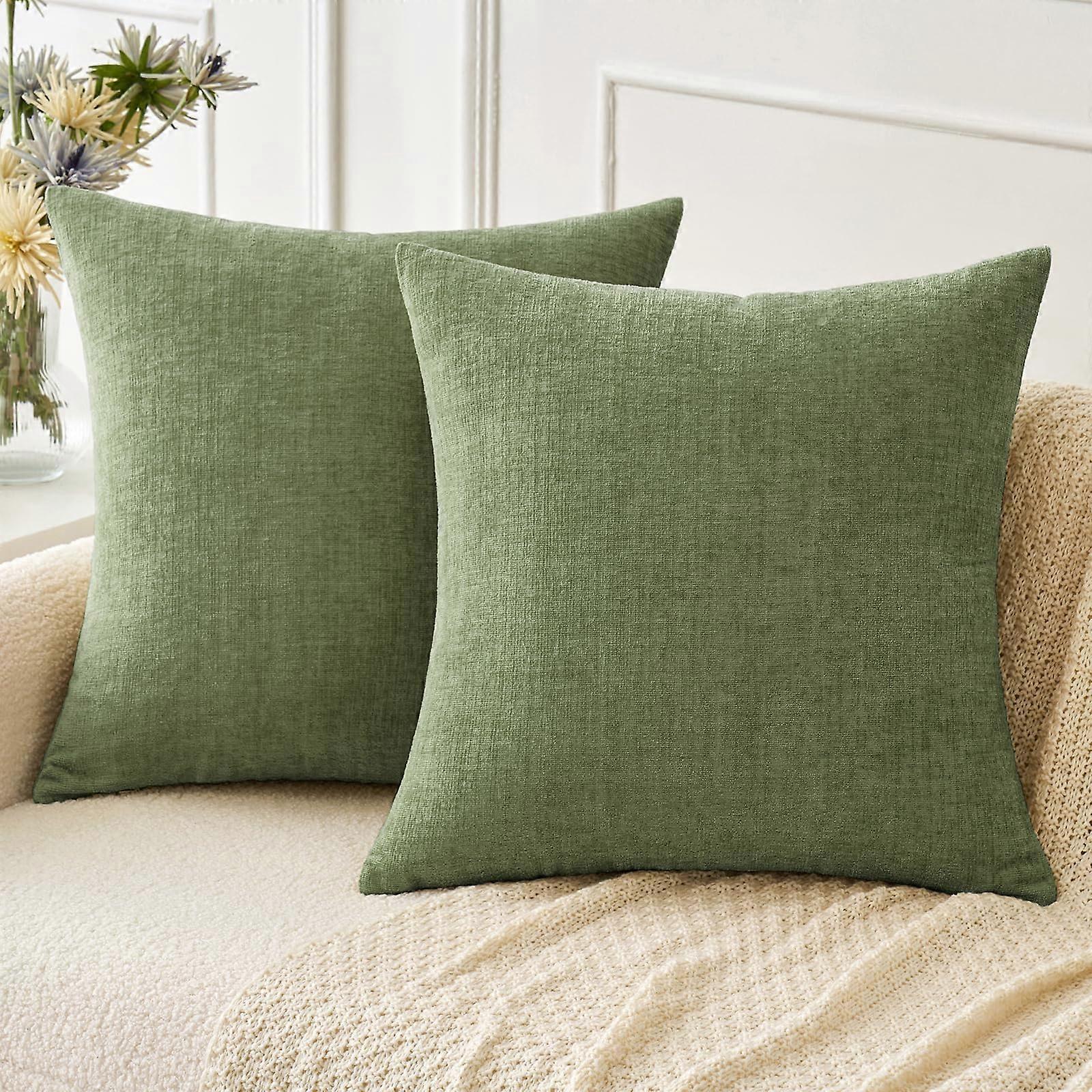 18x18 Inch Sage Green Chenille Couch Throw Pillow Covers - Soft Solid Color Cushion Cases for Living Room Decor